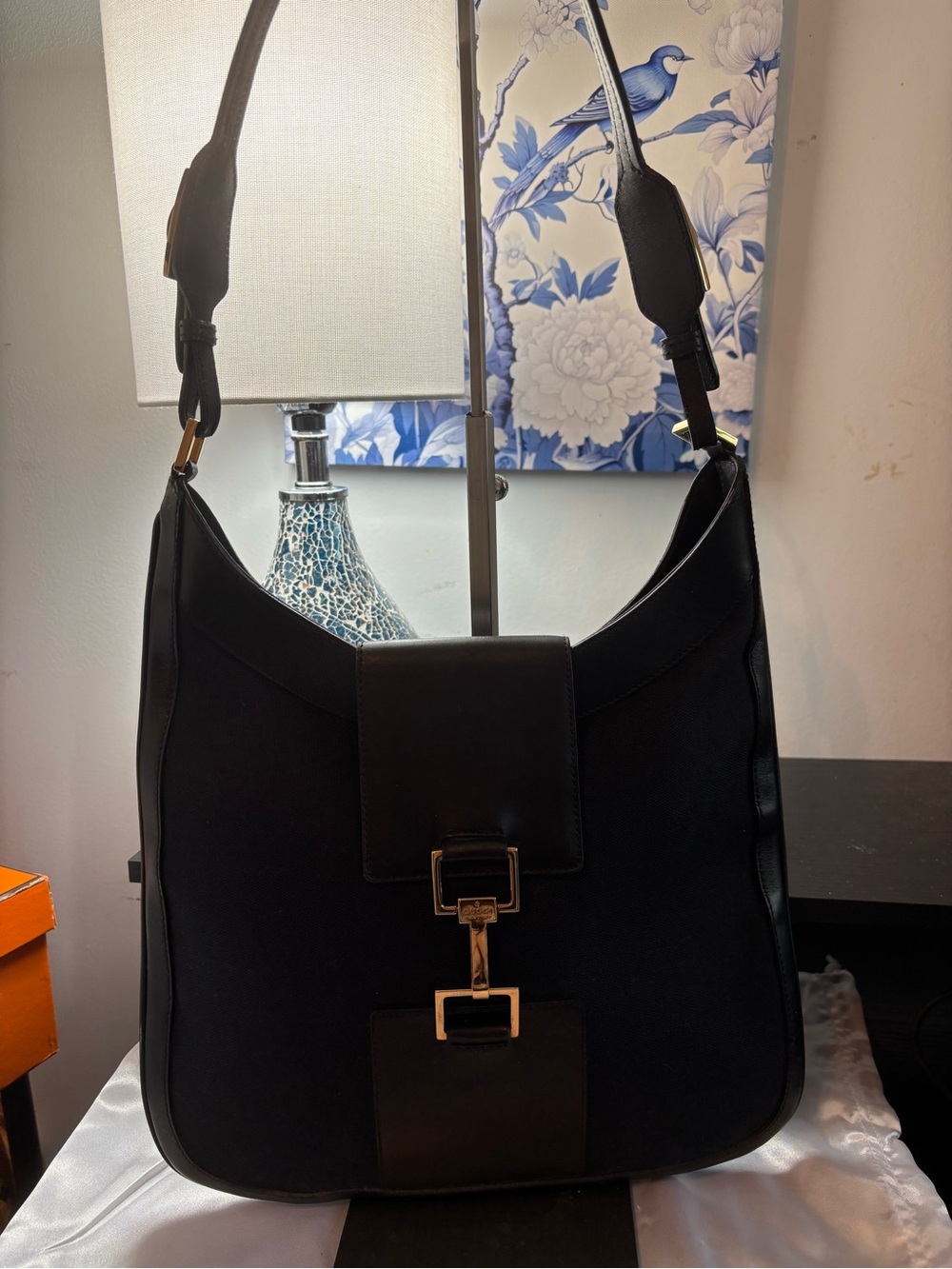 Rare Archival Gucci Tom Ford Jackie Hobo Bag Dark Navy Canvas & Black Leather